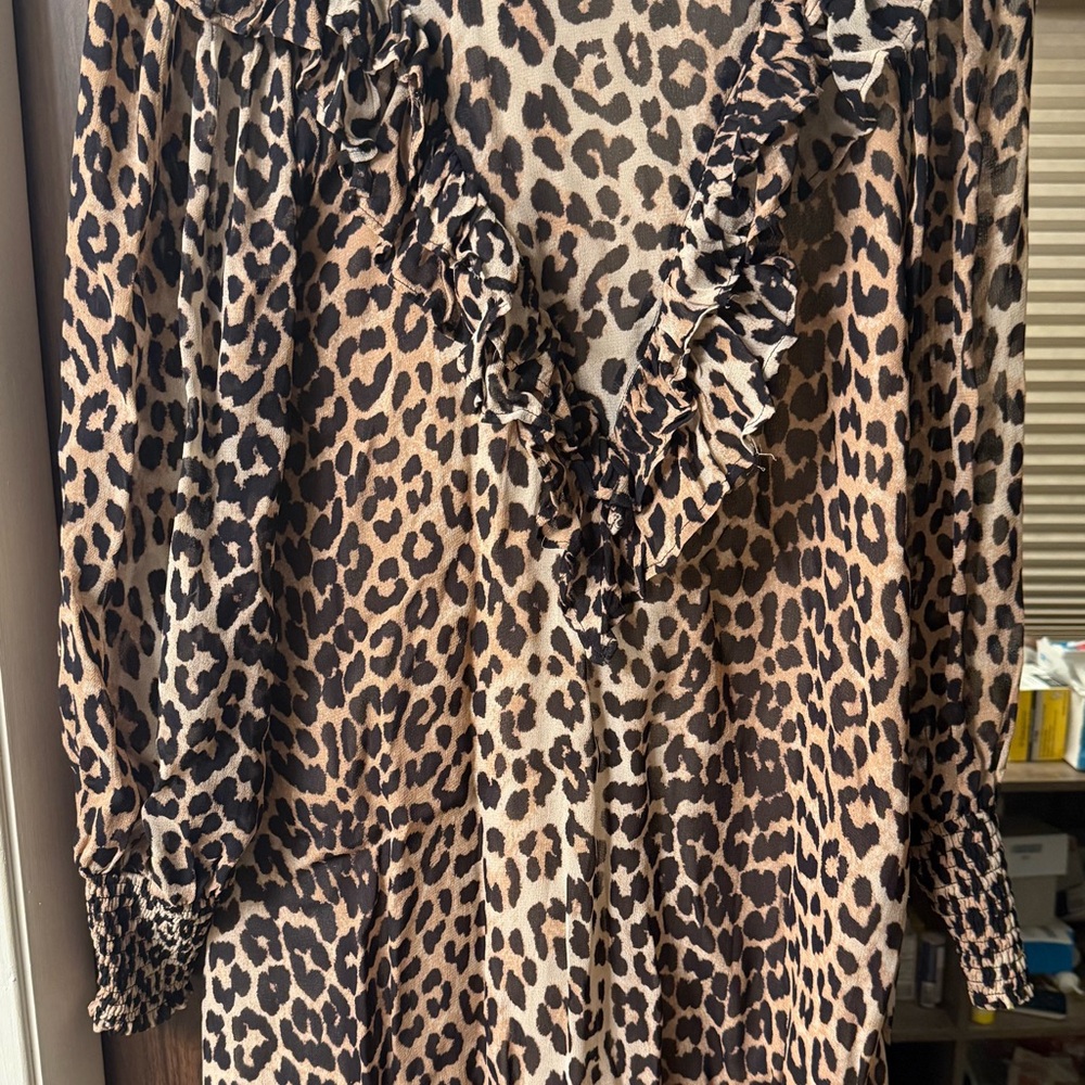 Ganni Animal Print Blouse with Ruffles